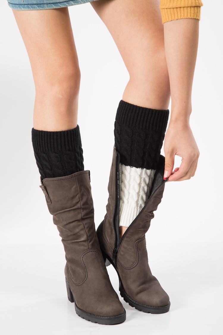 Women Patchwork Cable Knit Boot Cuffs Winter Long Leg Warmers Fashion Accessory